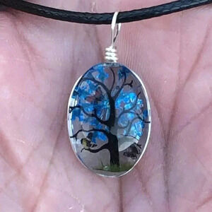 Blue Oval Real Flower Glass Tree Butterfly Necklace NWT